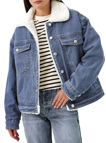 Women's Fleece Denim Jacket Winter Warm Soft Sherpa Lined Ladies Coats Lapel Collar Trucker Vintage Washed Jean Jacket(Blue, S) Dirndl Jacke Damen