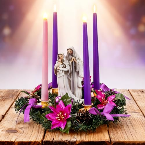 Suncalla 6 Pcs Christmas Advent Wreath Candle Holder with 4 Pcs Flameless Candle Christ Holy Family Statue Candlestick Wreaths Holder Centerpiece for Christmas Home Church Table Decor(Purple,Long)