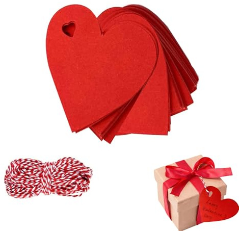 Lot de 100 Étiquettes en Papier Kraft, Rouge Étiquettes Cadeaux en Forme de Cœur Avec Cordon de 10m, pour la Saint-Valentin, Noël, Mariage, Thanksgiving, Anniversaire Fête