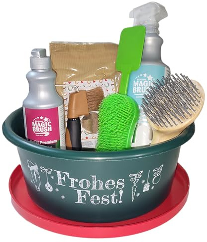 Brama West Set de regalo de Navidad para los amantes de los caballos, juego de 8 piezas con spray para crines, aceite de pezuña, cepillos, golosinas y comedero para jinetes y dueños de caballos para