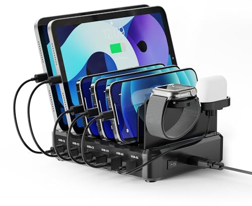 Ewent Stazione di Ricarica Universale 6 Porte USB (4xUSB-C 65W+2xUSB-A), Europlug 130W, con Supporto SmartWatch e Auricolari, Per Smartphone/Tablet/Laptop, Ricarica Rapida PD3.0/QC3.0, Design Compatto