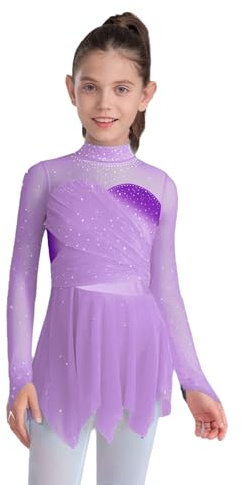inhzoy Ragazza Vestito da Balletto Ballo Lirico Contemporaneo Manica Lunga Abito da Pattinaggio Artistico con Strass Body Ginnastica Ritmica Costume Danza Samba Rumba Lanvanda 9-10 Anni