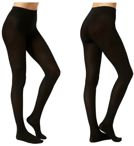 J&A MARTS 2 Pairs Women’s Bamboo Thermal Tights –150 Denier Thick Opaque Black Tights, Super Soft, Breathable, High Waist Winter Pantyhose for Everyday Wear (Bamboo- Black- Large)