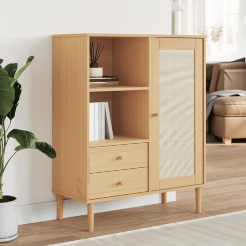 ZQQLVOO Solid Pine Wood Highboard with Rattan Look Finish, 2 Drawers and 5 Compartments for Ample Storage, Modern Living Room Furniture, Durable Engineered Wood Construction,
