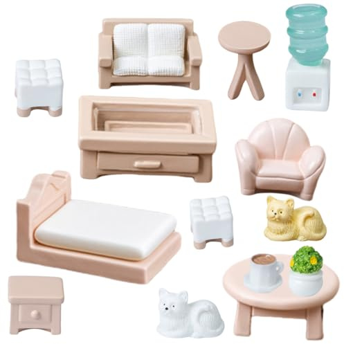 Juego de Muebles para Casa de Muñecas de Madera, 14 Piezas Casa de Muñecas, Accesorios para Muñecas, Juguete para Niños, Niñas y Niños Pequeños de 3+ Años