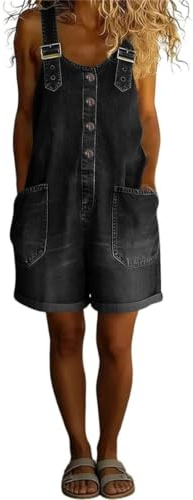 Generisk svart jeansoverall, lediga jeansshorts för sommaren | Damjeansoverall med shorts lös passform knappslå fram klassisk vintage tvätt avslappnade sommarkläder