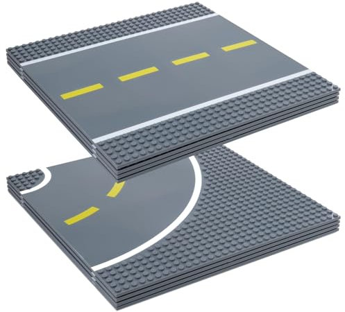 Strictly Briks Premium 25x25cm Gray Straight and Curved Road Base Plate - Set of 8 Stackable Baseplates - Compatible with LEGO Blocks, Compatible with LEGO Base Plates