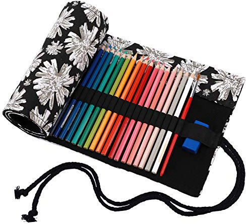 Amoyie Colouring Pencil Case 72 Slots, Roll Up Pen Holder, Pencil Wrap | Canvas Organiser Bag for Coloured Pen, Foldable Carrier for School, Outdoor, Artist Storage Bag, Large Capacity, Black Flower