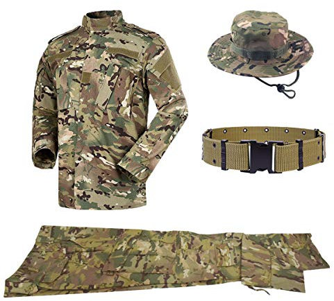 QHIU Uniform Tactical Suit with Belt Boonie Hat BDU Combat Men's Camo Jacket Shirt & Pants Army Set Military for Airsoft Paintball Outdoor