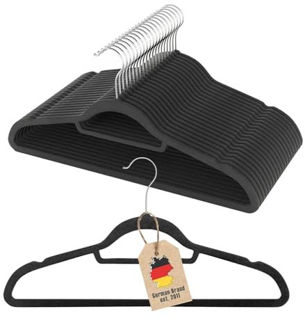 Intirilife Kleiderbügel SAMT SCHWARZ -20 Stück- 43.5 x 23.5 x 0.6 cm - Platzsparende Jackenbügel, Anzugbügel mit Rutschfester Oberfläche, Hosenstange, Einkerbung, drehbarer Haken, Antirutsch, Bügel
