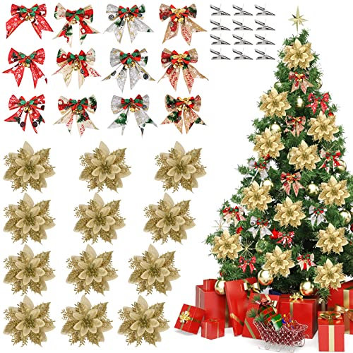 DUOJIN 12 Pcs Décoration Fleur de Noël Poinsettia Artificiel Fleur de Simulation d’Or, avec 12 Nœuds de Noël et 12 Clips - Kit Complet Ornements Accessoires de Guirlande de Noël et Sapin de Noël