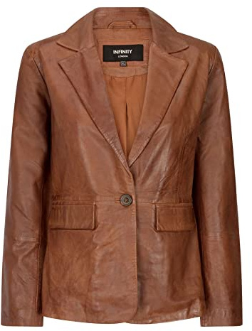 Veste Blazer en Cuir véritable pour Femme Coupe Courte 1 Bouton en Marron ou Noir Style Classique rétro - Brun XXL