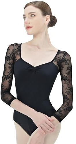 s.lemon Ballett Body Damen,Erwachsene 3/4 Ärmel Spitze Ballett Trikot D004 Schwarz 170