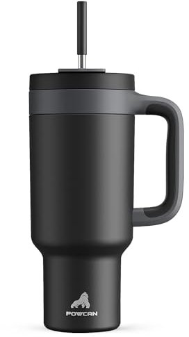 POWCAN Trinkbecher mit Griff, 2-in-1-Strohhalm und Trinkdeckel, auslaufsicher, spülmaschinenfest, isolierter, hält 34 Stunden kalt, passt in Auto-Becherhalter (Mitternacht)