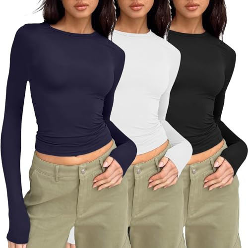 3 Pièces Y2K T-Shirt Haut Court à Manches Longues Ajusté Crop Tops Couleur Unie Basiques Transparent T-Shirt Slim Fit Shirt Sexy Y2K Cropped Blouses