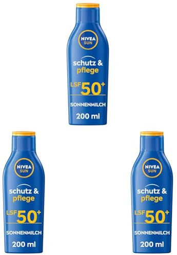 NIVEA SUN Schutz & Pflege Sonnenmilch LSF 50+ (200 ml), Sonnencreme für 48h Feuchtigkeit, sofortiger Sonnenschutz mit hochwirksamem UVA/UVB-Filtersystem (Packung mit 3)