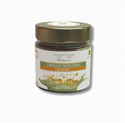 Benessere Italiano - Creme Crunchy al Pistacchio con granella di pistacchio croccante - 100% Italiano - Vasetto di Vetro 135gr - senza olio di palma - proteica - con praline di pistacchi