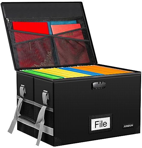 JUNDUN File Box with Lock,Fireproof Document Box with Handle and Zipper,Collapsible File Organiser,Home Office Fire Safe Storage Filing Box for A4 Suspension File Folder