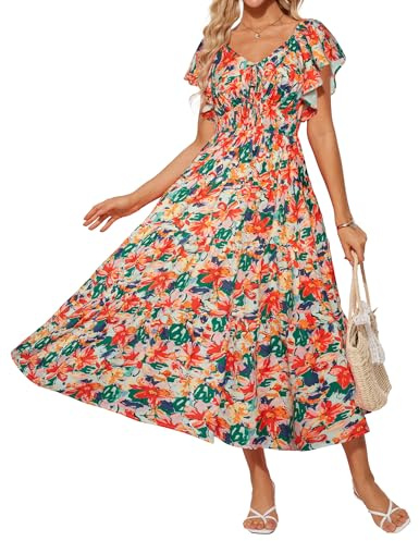 GRACE KARIN Maxi abito estivo da donna, casual, elegante, floreale, con volant, spacco, linea A, abito da sposa con tasca