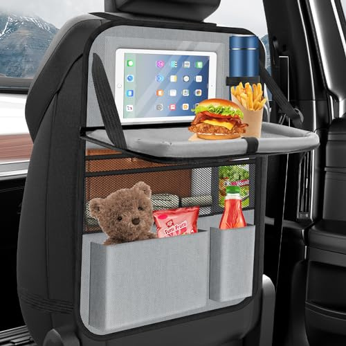 Oneyus Organizer per seggiolino auto, grande protezione per lo schienale dell'auto, multifunzione, impermeabile, con tavolo pieghevole, borsa per tablet e molte tasche, grigio nero