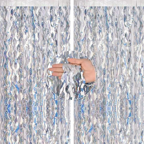 G2PLUS Wavy Glitter Silver Foil Curtains, 2PCS Metallic Tinsel Foil Fringe Curtains, 1m×2m Party Backdrop Streamers, Wave Tinsel Curtain Backdrop for Birthday Wedding Prom Party Decoration