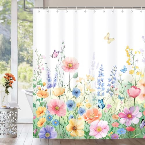 Dazzlewall Floral Shower Curtain, Wildflowers Butterflies Waterproof Bathroom Curtain 180x180cm, Mildew and Mould Resistant Polyester Fabric with 12 Hooks