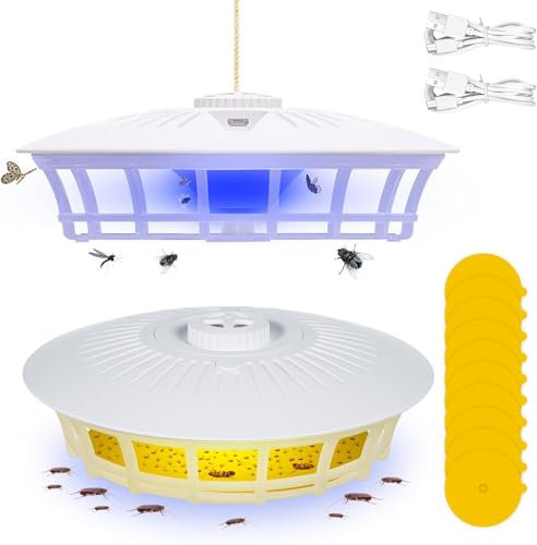 2 Pack Flohfalle Licht für Innen & Außen - Inklusive 10 Klebrige Nachfüllscheiben, 4 Lichtmodi - Effektive Elektrische Flohklebefalle, Fliege, Motte und Bettwanzenfänger für Teppich, Zuhause
