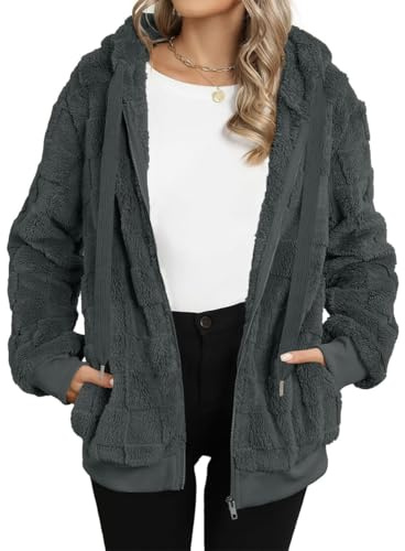EIRUKON teddy fleecejacka dam huvjacka teddyjacka teddy-fleece varm höst vinterrock fluffig huvtröja jacka dragkedja plyschjacka med fickor, Mörkgrå, XL