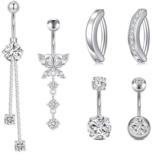 YDYxieji 6pcs Belly Button Bars, Silver Belly Bar Surgical 316L Stainless Steel, 14G Butterfly Navel Bars Belly, Button Piercing Jewellery Butterfly Dangle for Women Girls (Style 2)
