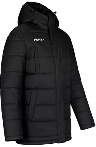 FORZA Longline vadderad kappa – vattenavvisande 200 GSM isolerad jacka med justerbar huva, ribbade manschetter och flera fickor, Svart, L