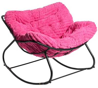 OHS Rocking Chairs for Adults, Faux Fur Ribbed Upholstered Fabric with Curved Metal Frame Lounge Chairs Modern Comfy Relaxing Home Nursing Chair for Living Room Bedroom Balcony, Hot Pink
