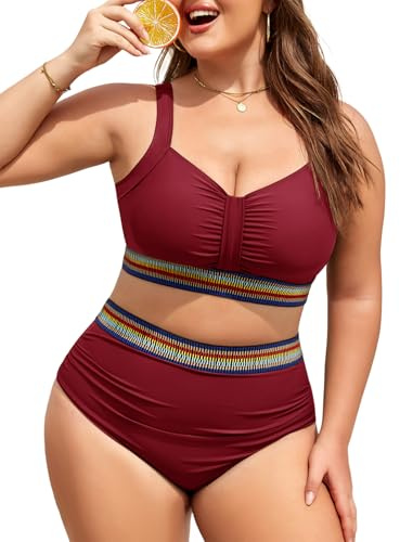 FemiChic Conjunto de Bikini Mujer Talla Grande Cintura Alta con Diseño Cruzado en Pecho, Aro Extraíble, Tirantes Ajustables y Detalles de Cintas Coloridas, Control de Barriga