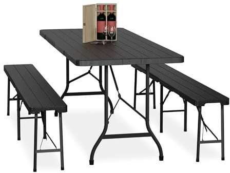 LOKLNEYK 3-TLG. Bierzeltgarnitur Klappbar – Biertisch Set mit 2 Bänken, Stabile Gartenmöbel Outdoor, Klappbare Sitzgarnitur für Grillparty, Biergarten, Camping & Gartenfeier, Holzoptik