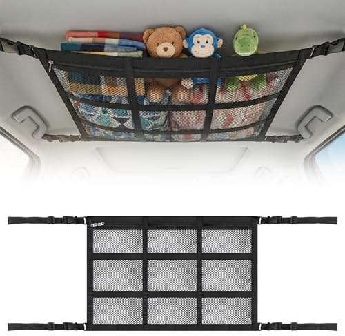 Gowkeey Rete Portaoggetti da Soffitto Per Auto,90 x 65cm Universale Tetto Interno Borsa Rete con Cerniera,Organizer Bagagliaio per SUV,Furgone,Jeep