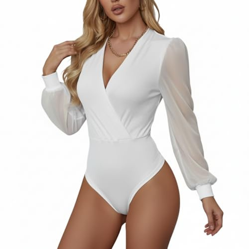 LIGHT DOT Women's Long Sleeve Bodysuit Blouse Tops Deep V Neck Pop Sheer Sleeve Dressy Leotard Shirts (White, M)