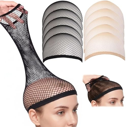 PYRUVAE 10 Pezzi Retina per Capelli Sotto Parrucca, Cuffia per Parrucca Alta Elasticità e Traspirante, Calotta Invisibile Antiscivolo per Cosplay e Uso Quotidiano, Adulti (5 Nere + 5 Color Carne)