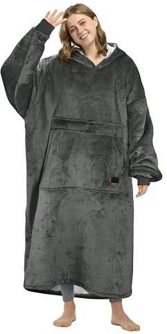 Catalonia Oversized Blanket Hoodie Sweatshirt, Wearable Sherpa Lounging Pullover for Adults Women Men, Charcoal Grey-extra Long, One size
