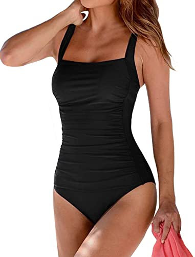 Brosloth Damen Badeanzug Badeanzüge Einteilige Bauchweg Bademode Swimsuit One Piece Push Up Badeanzüge Plus Size Badebekleidung Farbe: Schwarz Groesse:M