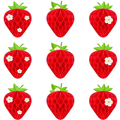 9 Pcs Strawberry Party Decorations Strawberry Honeycomb Balls Birthday Favors Berry Table Centerpieces Tissue Paper Honeycomb Tabletop Hanging Decor Party Supplies