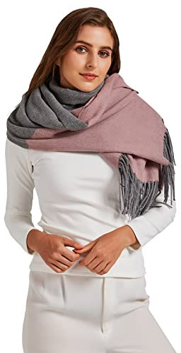 VaneriHome Damen Schal Wolle mit klassisches Karo Design und Quaste Winter dicke Deckenschal 70 x 190 cm, Grau Pink