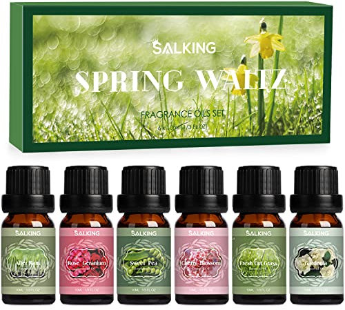 SALKING Spring Essential Oils Set, Aromatherapy Diffuser Oil Fragrance Oils Gift Set for Soap & Candle Making Scents - After Rain, Fresh Cut Grass, Sweet Pea, Rose Geranium, Cherry Blossom, Gardenia
