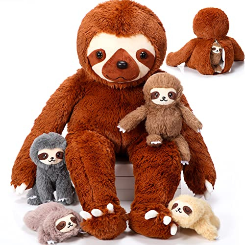 Kasyat 5 Pcs Sloth Plush Toy Set 13 Inch Mommy Sloth Stuffed Animal with 4 Cute Baby Plushies in Zippered Belly for Kids Birthday Gifts Home Decors Baby Shower Birthday Party Favors(Brown)
