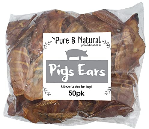 Pure & Natural Pigs Ears for Dogs - 100% Natural Dog Chews, Nutritious & Healthy Dog Treats for Large Dogs to Puppes, Premium Pig Ears - 50 Pack