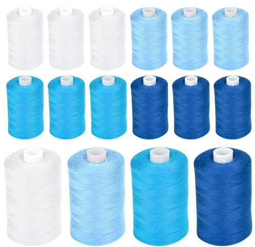 CAREDGO Nähgarn, 16 Spulen Nähgarn Sewing Thread Nähmaschinengarn Quiltgarn Nähfaden Blau und Weiß Overlockgarn Set mit Spulen Nähmaschine Garn 4 Rollen von jeder Farbe Stickgarn für Nähmaschine
