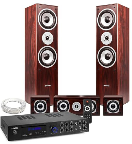 Fenton HF5W Walnut 5.0 Surround Sound System with AV550BT Amp, Bluetooth, USB/SD Media Player, Home Cinema Theatre Speaker Set for Movies and Music