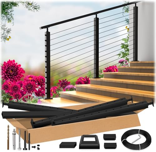 Zylorix 4ft-8ft Complete 33° Drilled Cable Railing System 42 with Handrail Cuttable, Modular T304 Stainless Steel Black Angle Cable Railing Posts Kit with 1/8 Cable Railing Hardware for 28-38° Step