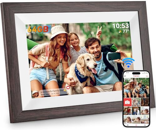 Hesmor 64GB Frameo Digitaler Bilderrahmen WiFi 10,1 Zoll, 1280x800 IPS LCD Touchscreen, Auto-Rotate und Audio, Teilen Sie Fotos oder Videos über die Frameo App überall, Elektronischer Bilderrahmen