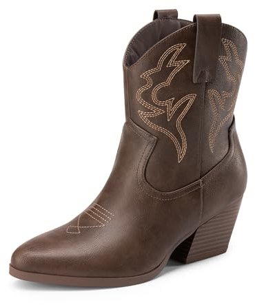 DREAM PAIRS Botas de vaquera para mujer con bordados, estilo western, tacón bajo grueso, punta puntiaguda, botas hasta el tobillo, marrón, 38.5 EU