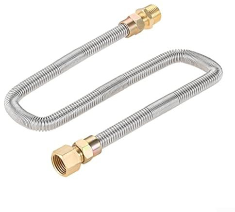 24 Inch Stainless Steel Corrugated Gas Hose Flexible Propane Connection Tube 1/2 NPT Male Adapters Fire Fireplace Outdoor Heating Appliance Bellows Design Easy Installation Silver