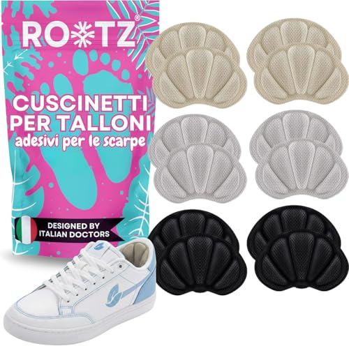 ROOTZ™ Cuscinetti Tallone Scarpe 12x – 6 Paia Assortiti (Grigio, Nero, Beige) – Spessori 0.5/0.7cm – Memory Foam, Anti-Vesciche, Adesivo Forte – Per Scarpe Grandi Uomo Donna (Multicolor)